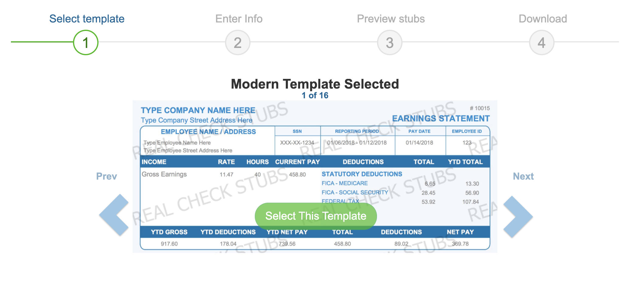 Select template to make check stub online